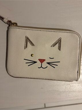 Fossil Cream Cat Face Zip Wallet with Gold Accents